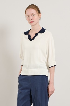 [25SU] 돌먼슬리브 배색카라 니트 풀오버 - IVORY A5M4K33513