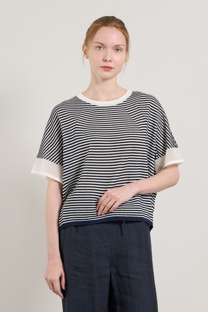 [25SU] 오버핏 스트라이프 니트 풀오버 - DARK NAVY A5M5K34156