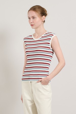 [25SU] 멀티 스트라이프 슬리브리스 니트 탑 - DARK RED A5M5K34225