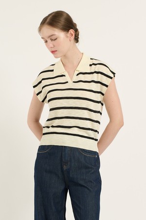 [25SU] 오픈카라 스트라이프 니트 - BLACK B5B6K49199