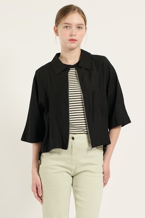 [25FA] 앞지퍼 밑단 스트링 블라우스 - BLACK B5C7G47399