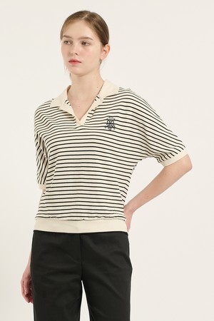 [25FA] 카라형 돌먼 소매 스트라이프 티셔츠 - BLACK B5C7X40199