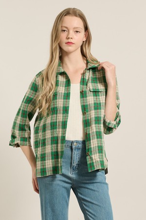 [25FA] 체크린넨 포켓 블라우스 - GREEN A5F7B46142