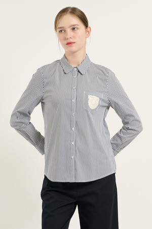 [25FA] 스트라이프 아플리케 자수 셔츠 - NAVY B5C7B41355