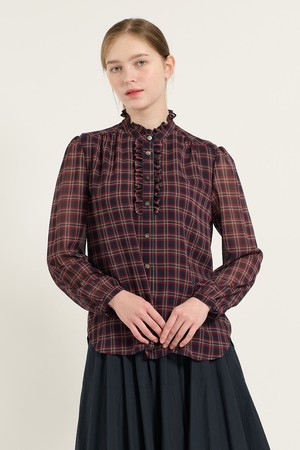 [25FA] 프릴 타탄 프린트 쉬폰 블라우스  - RED B5C7B42024