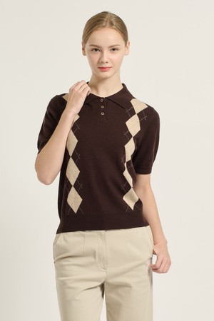 [25FA] 아가일 카라 하프슬리브 풀오버 - DARK BROWN B5C8K42375