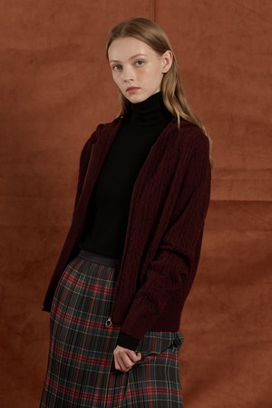 [25WT] 케이블 울 니트 후드 집업 - BURGUNDY B5W9K10665