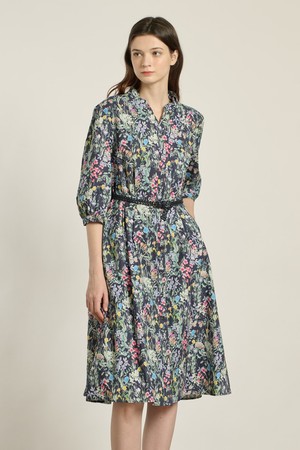 [26SP] 플라워 프린트 벨티드 원피스 - NAVY B6A2O62355