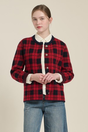 [26SP] 체크 자카드 니트 자켓 - RED B6A1K10224