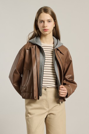 [26SP] 니트후드 인조가죽 자켓 - DARK BROWN A6S1F80575