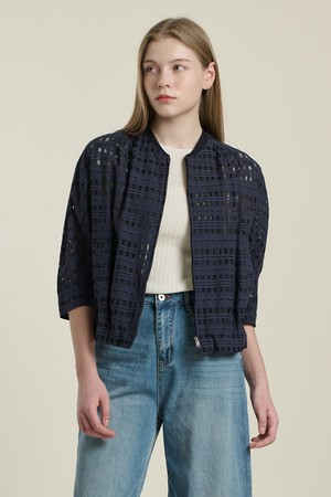 [26SU] 니트패치 쉬어체크 점퍼 - NAVY B6B4R12155