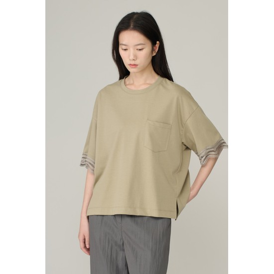 [26SU] 소매 레이스 배색 반팔 티셔츠 - KHAKI A6M5X43345