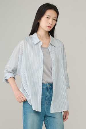 [26FA] 텐셀 스트라이프 루즈핏 블라우스 - M BLUE A6F7B40453