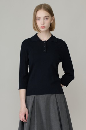 [26FA] 실크 블렌드 리브드 카라 풀오버 - DARK NAVY A6F8K41156