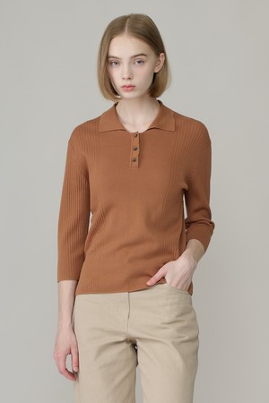 [26FA] 실크 블렌드 리브드 카라 풀오버 - BROWN A6F8K41174