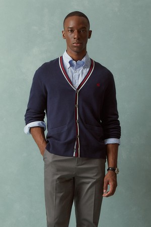 수피마 코튼 배색 가디건 (네이비) (BBWCMMF301)