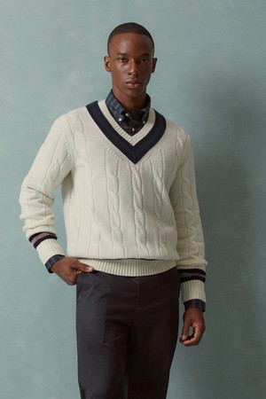 울 테니스 케이블 브이넥 스웨터 (아이보리) (BBWNMFF402)