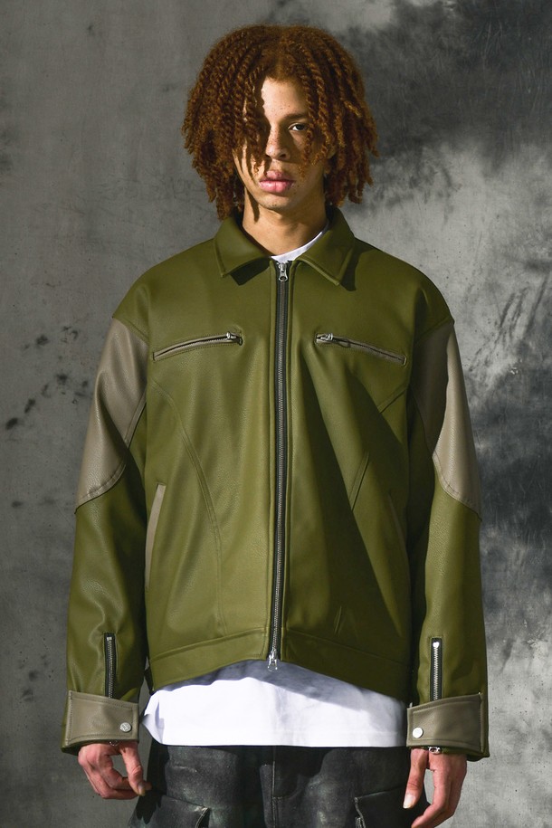 DOMINANT - 자켓 - [2WAY] Cropped Distressed Leather Jacket_Khaki Olive