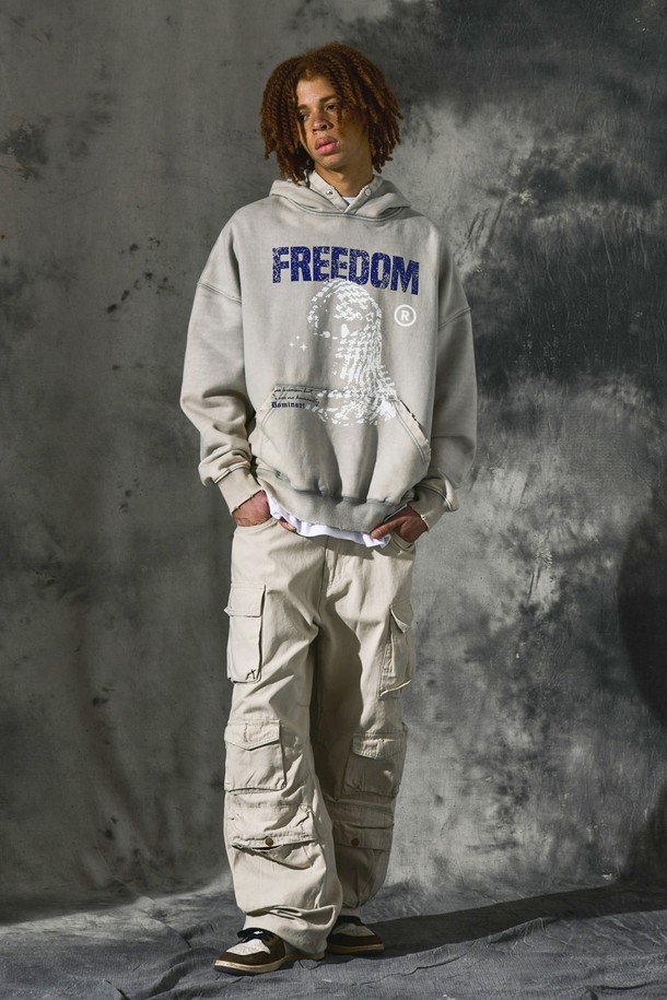 DOMINANT - 긴소매 티셔츠 - [Heavy Cotton] Freedom Vintage Magic Washing Hoodie_Beige Grey