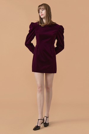 [22FW] Signature Fitted Waist Velvet Dress - Burgundy