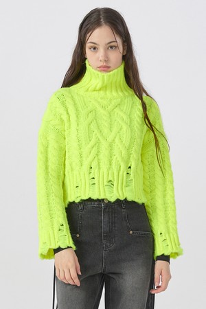 [22FW] High Neck Cable Crop Pullover - Neon Green