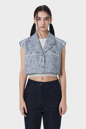 Crop Laced Tweed Jacket BLUE MBCSJK001BL