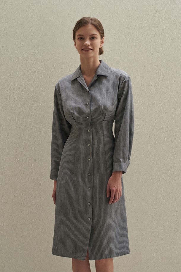 BY GINGER - 긴소매 원피스 - [22FW]Stripe pintuck shirts dress - gray