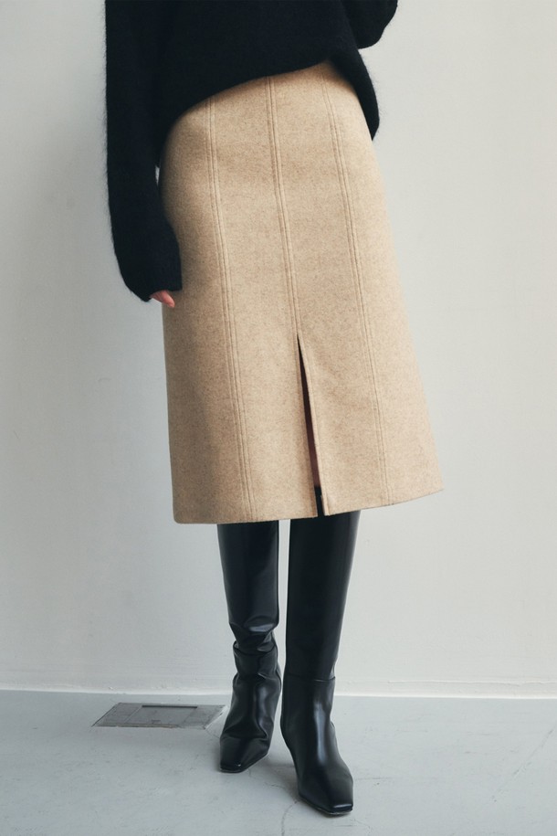 BY GINGER - 미디스커트 - [22FW]Wool slit point midi skirt - oatmeal