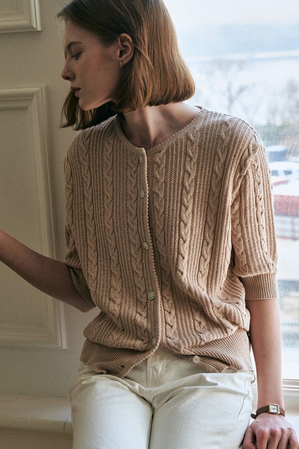 BY GINGER - 가디건 - [23SS]Cable half sleeve cardigan - beige