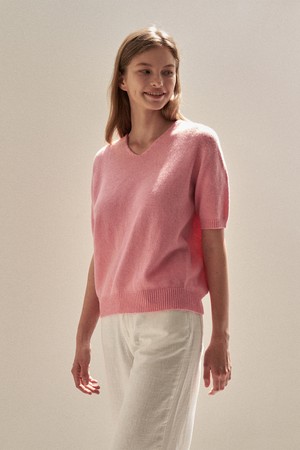 [22FW]Wool V-neck half sleeve knit - pink