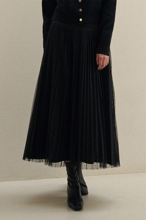 [22FW]Pattern lace pleats long skirt - black