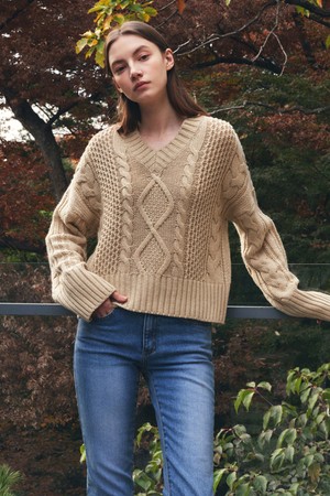 [22FW]Mix cable V-neck knit - beige