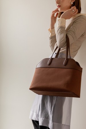 Italy Leather mixed Canvas Big Shoulder Bag _Brown