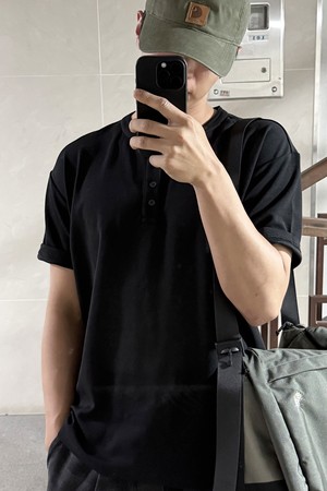 헨리넥 오버핏 반팔 티셔츠_블랙