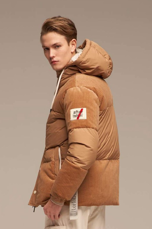 IKALOOK - 다운/패딩 - 컬러 블로킹 코듀로이 후드 다운 패딩 점퍼 AJP116A