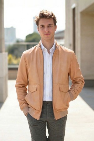 베이지 워싱 미들넥 양가죽 점퍼 DLJP102