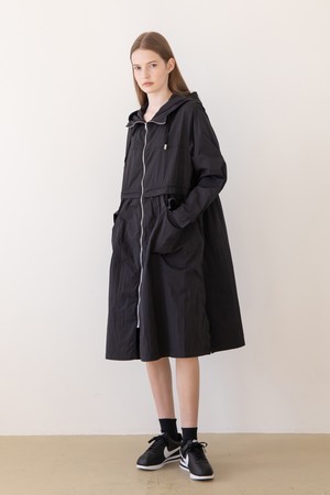 Hooded zip up outer dress - Black