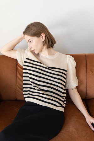 Balloon sleeve stripe knit - Beige