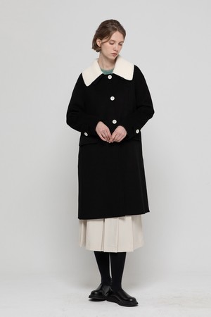 Knit collar wool coat - Black