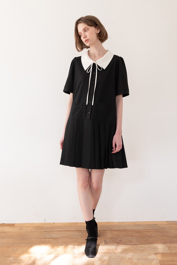 JMARK New York - 반소매 원피스 - Pleats ribbon dress - Black