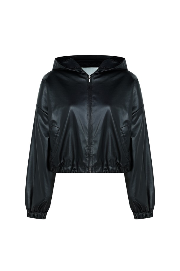 RENEJ - 후디 - Leather Crop Hoodie