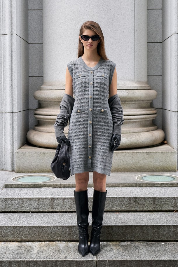 RENEJ - 민소매 원피스 - Tweed Round Knit Dress