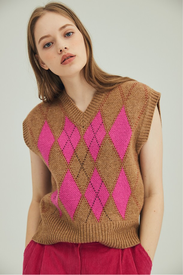 OPENING SUNSHINE - 베스트 - ARGYLE KNIT VEST_PINK