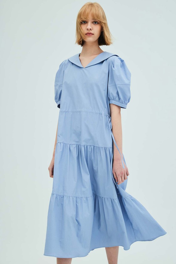 OPENING SUNSHINE - 반소매 원피스 - Sailor Collar Tiered Maxi Dress_Blue