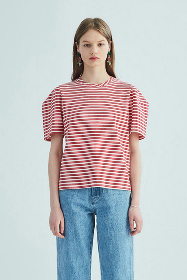 OPENING SUNSHINE - 반소매 티셔츠 - STRIPE PUFF SHORT SLEEVE T-SHIRT_RED