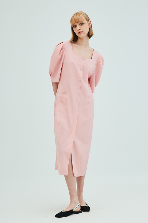 OPENING SUNSHINE - 반소매 원피스 - Linen Square Neck Flower Button Dress_Pink