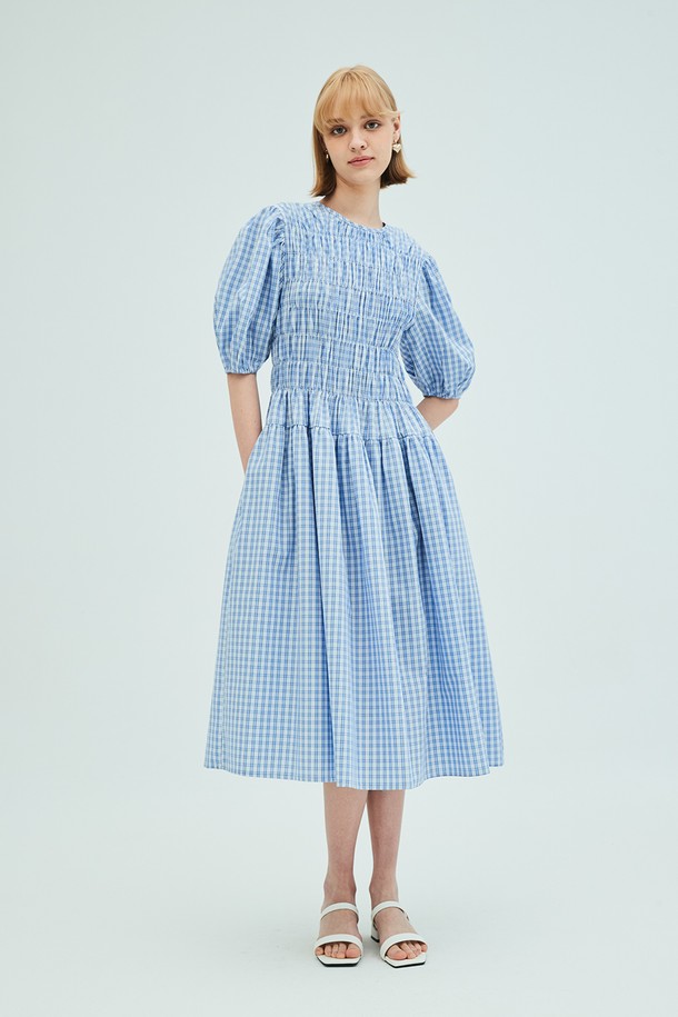 OPENING SUNSHINE - 반소매 원피스 - Shirring Detail Check Dress_Blue