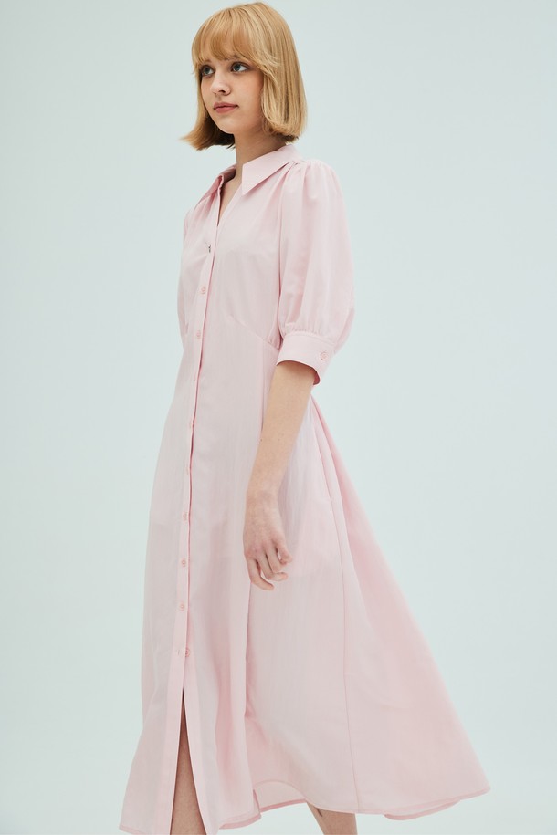 OPENING SUNSHINE - 반소매 원피스 - Open collar shirring detail shirt dress_pink