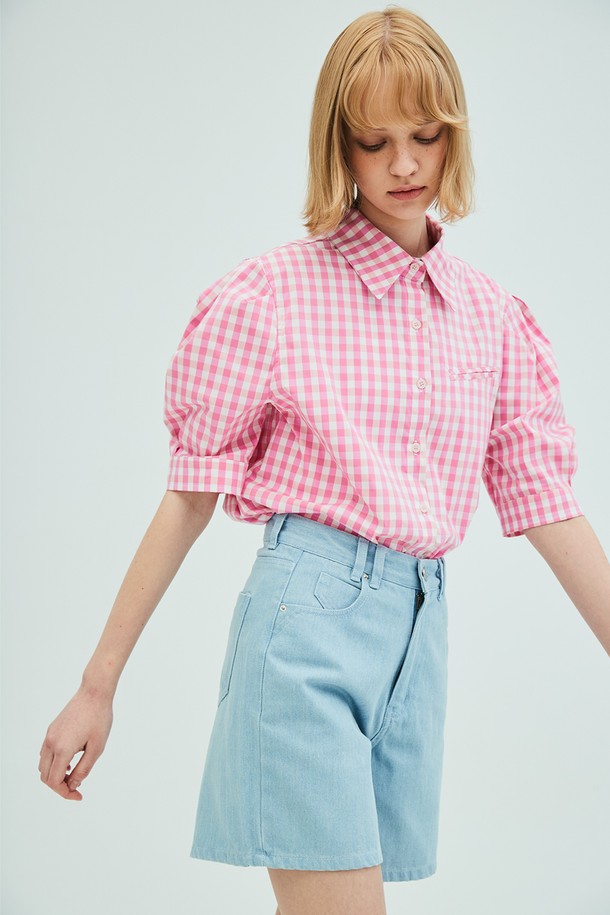 OPENING SUNSHINE - 블라우스 - Puff Short Sleeve Check Blouse_Pink