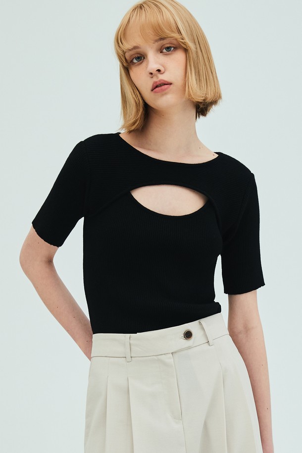 OPENING SUNSHINE - 스웨터 - Cutout Short Sleeve Slim Knit_Black